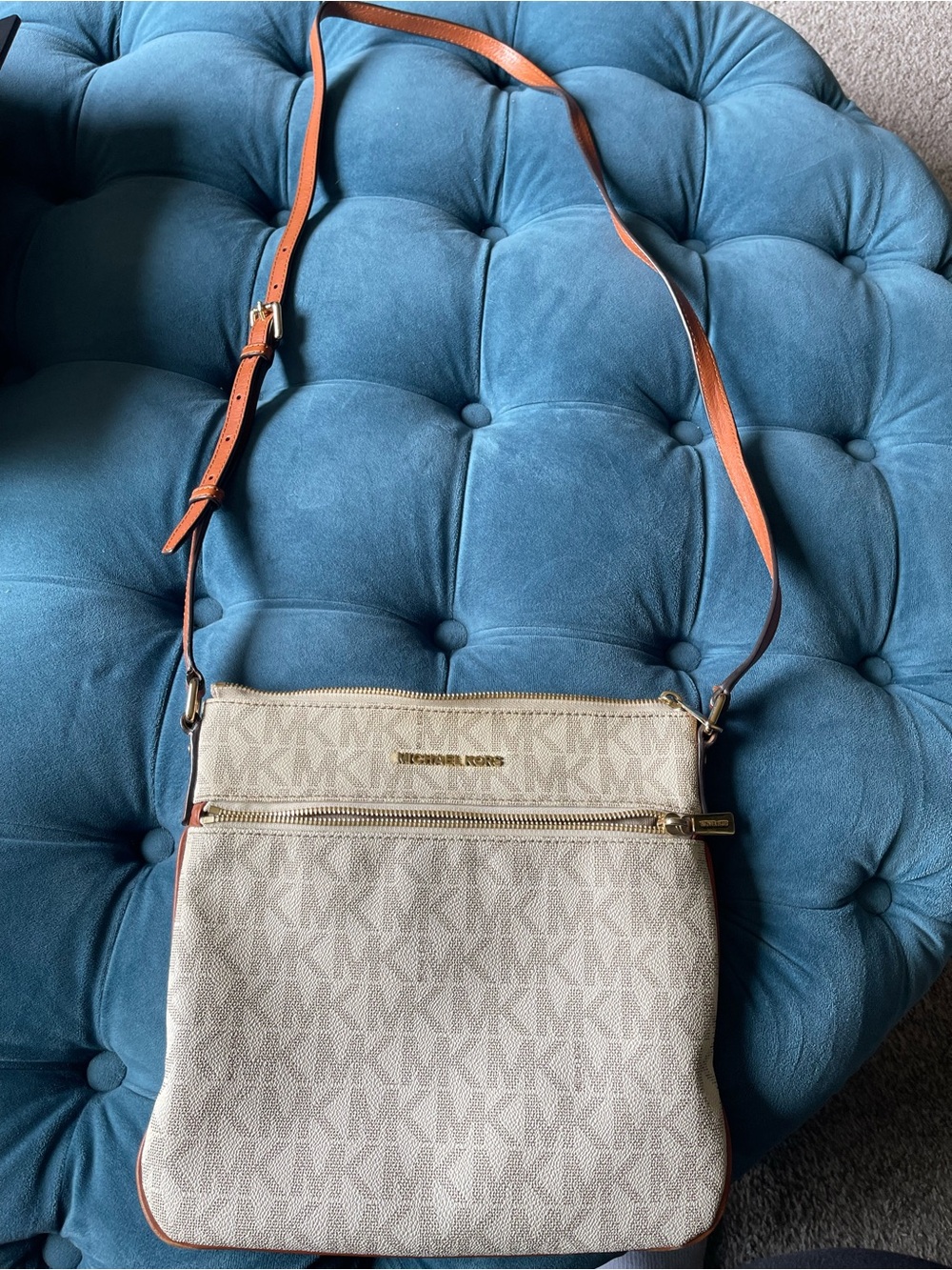 Michael Kors Cream Logo Crossbody with Tan Strap and Gold Hardware